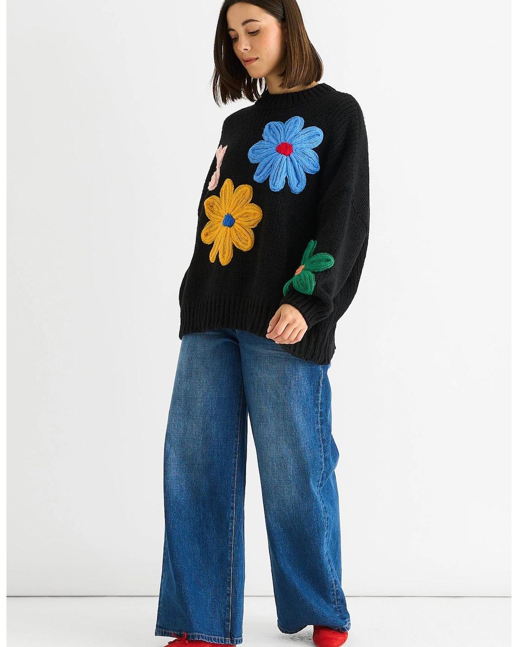 Gini London Blue Floral Crochet Chunky Knit Oversized Jumper
