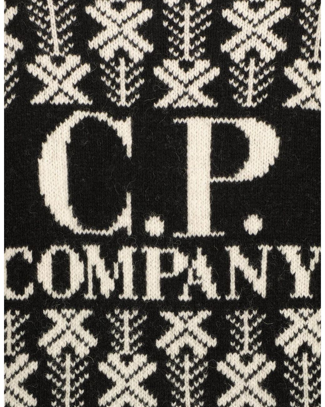 C P Company Black Wool Jacquard Logo Hooded Knit for men