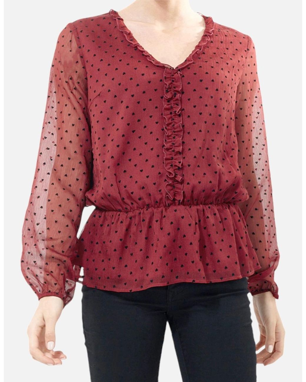Brave Soul Red Heart Tops Long Sleeve V Neck Ladies Ruffle Casual Blouse Tee