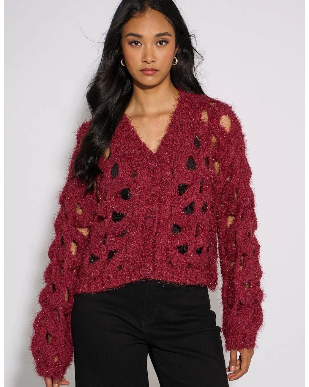 Gini London Red Cerise Hollow Chunky Knit Cardigan