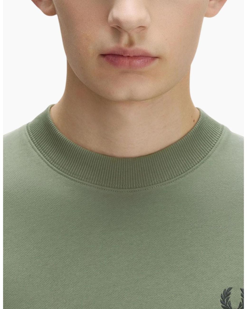 Fred Perry Green Crew Neck Sweatshirt Embroidered Logo Pullover Cotton for men