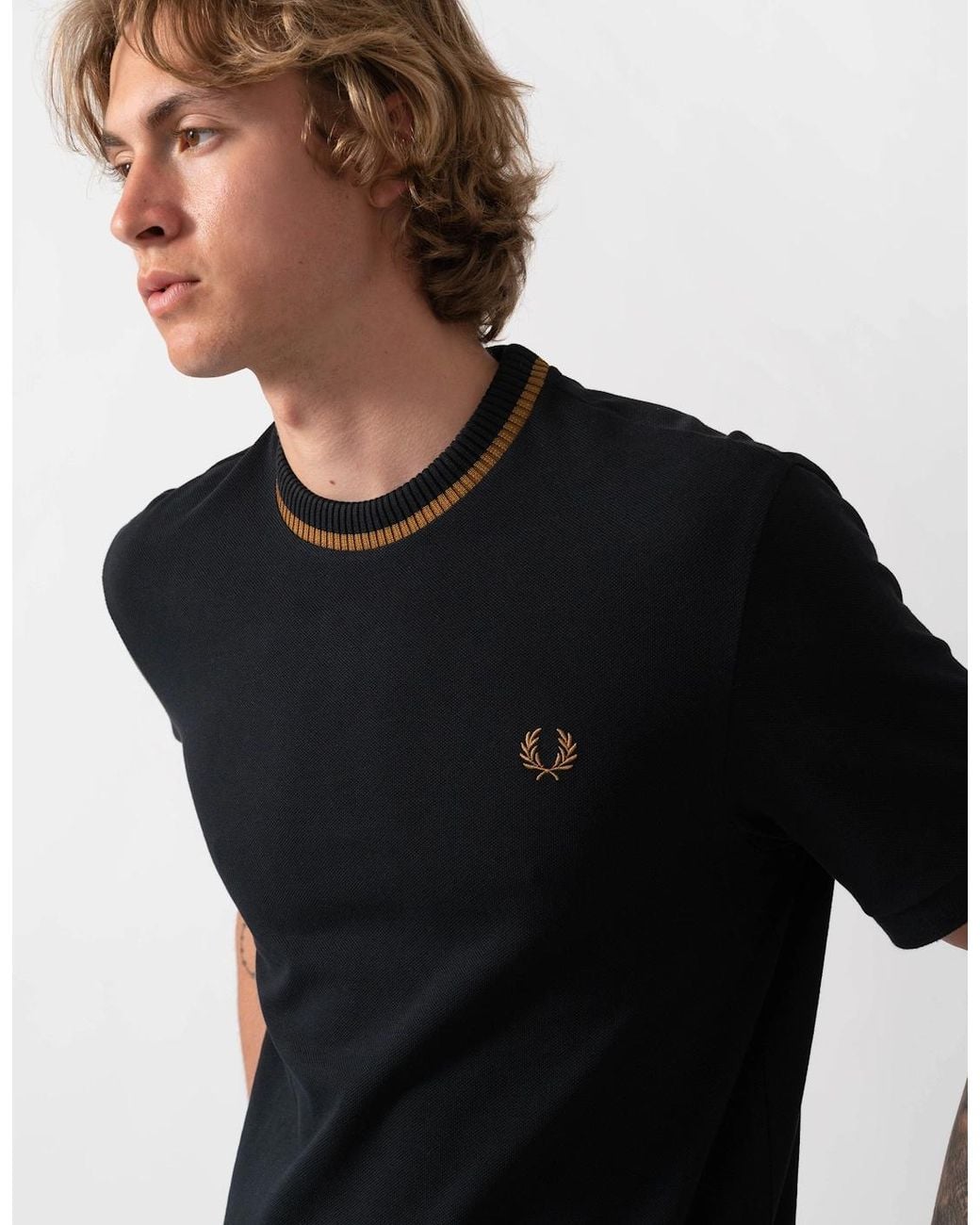 Fred Perry Black Crew Neck Pique T-Shirt for men