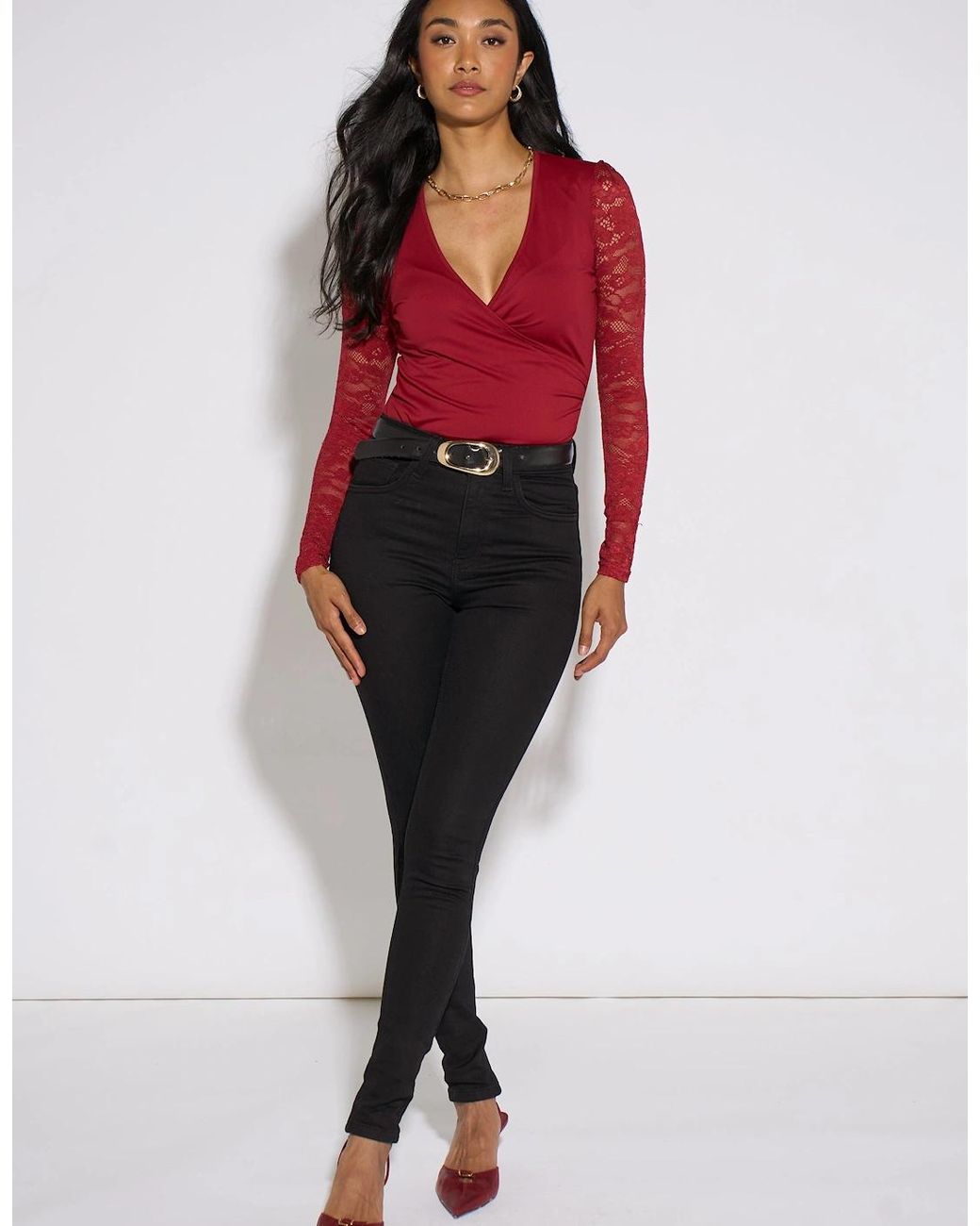 Gini London Red Lace Sleeves Jersey Wrap Front Top