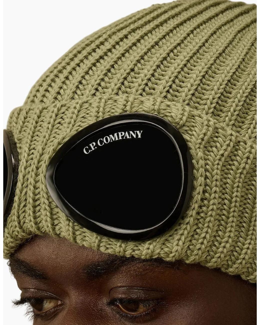 C P Company Green Extrafine Merino Wool Goggle Beanie for men