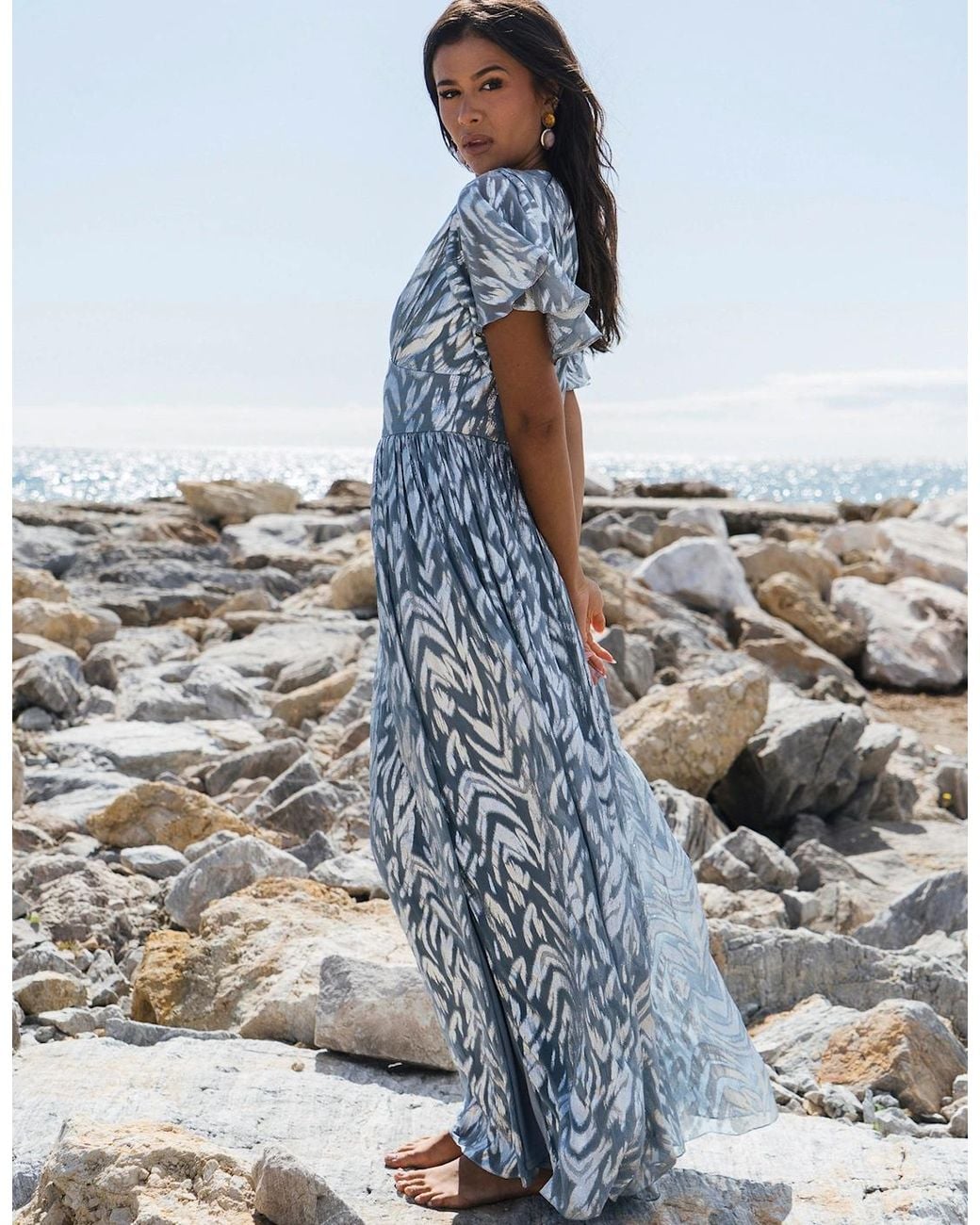 Gini London Blue Flowy Abstract Print Slit Maxi Dress