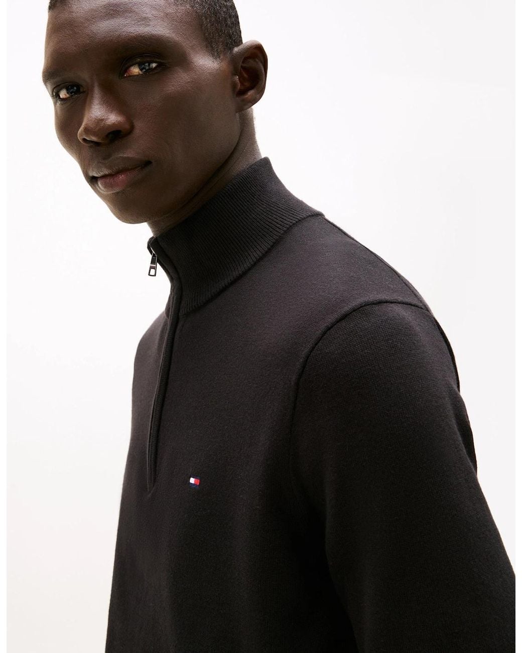 Tommy Hilfiger Black Essential Cotton 1/4 Zip Mock Sweatshirt for men