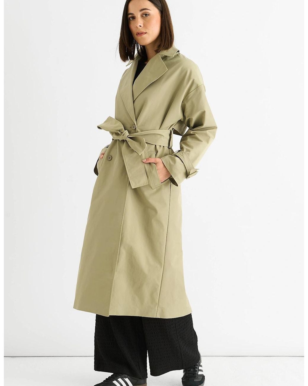 Gini London Natural Sage Double Breast Longline Belted Trench Coat
