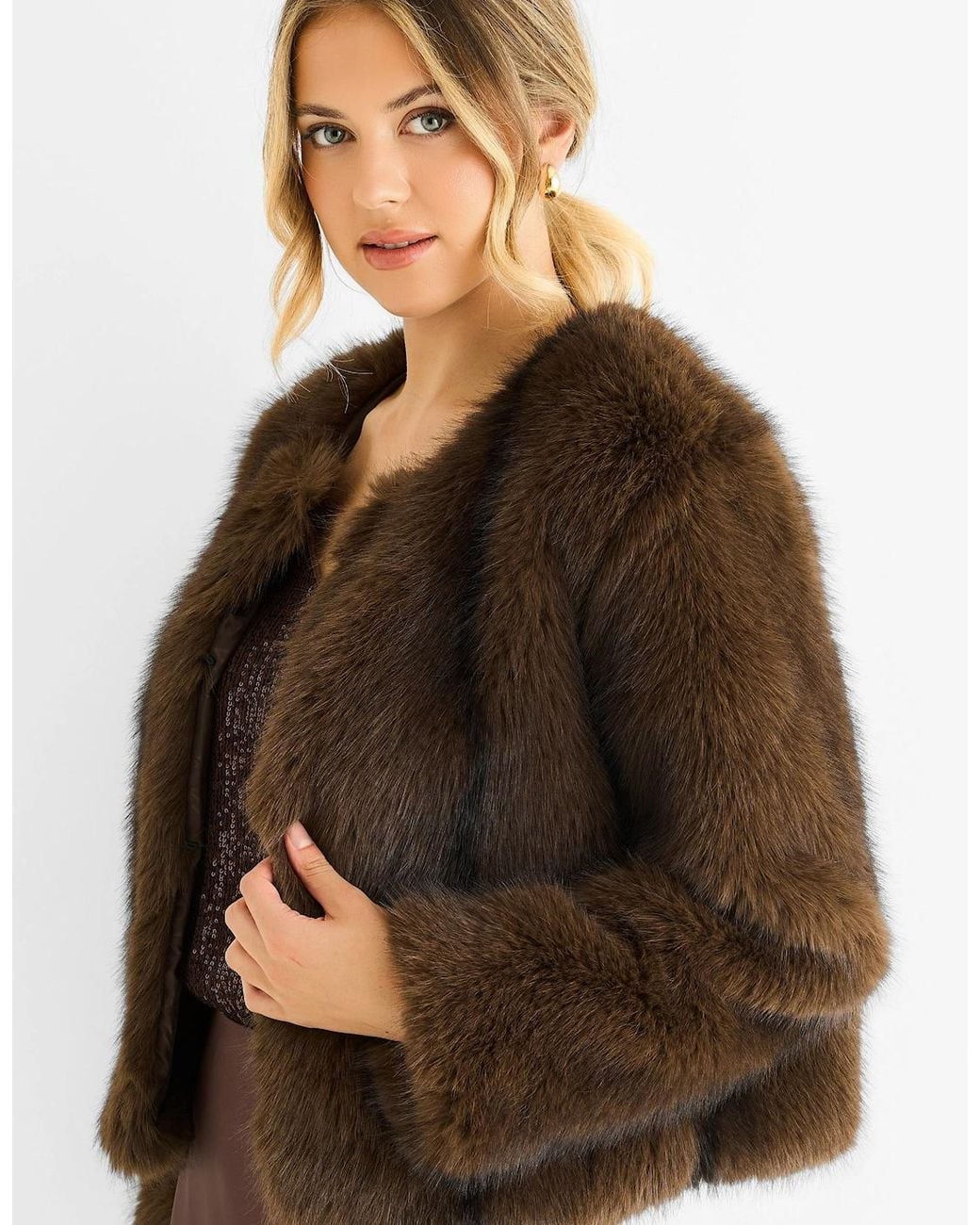 Gini London Brown Coffee Round Neck Faux Fur Cropped Jacket