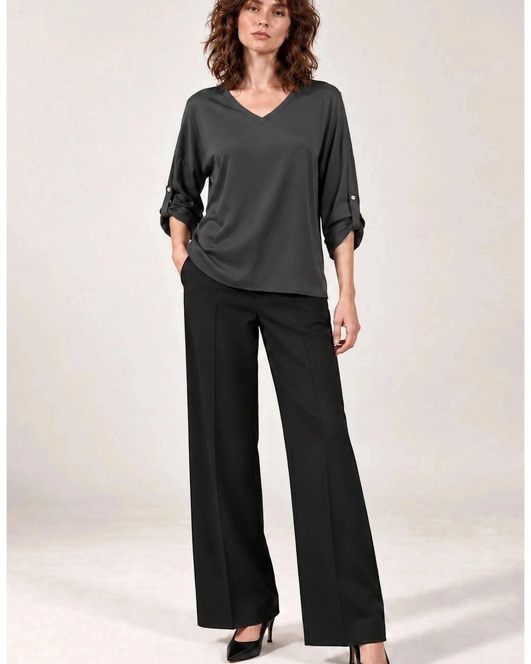 James Lakeland Black Charcoal Satin V-Neck Blouse