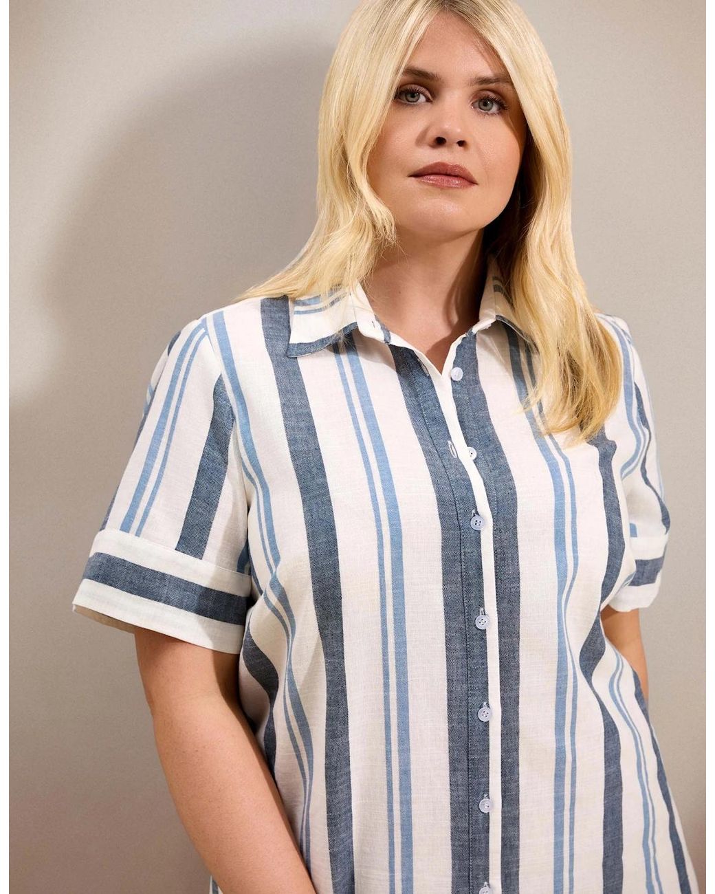 Live Unlimited London Blue Stripe Short Sleeve Linen Blend Shirt Dress