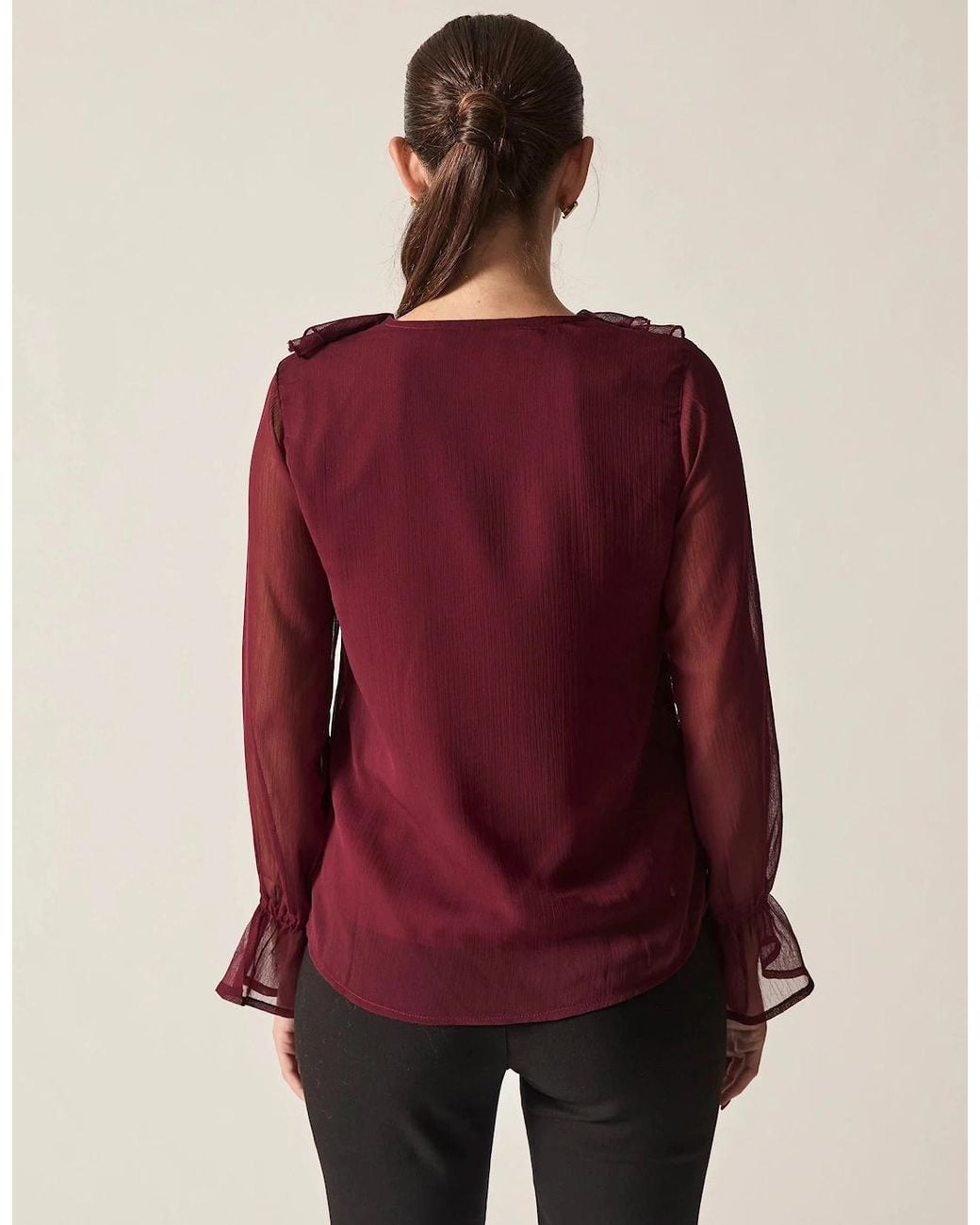 James Lakeland Red Burgundy Sheer-Sleeve Ruffle Blouse