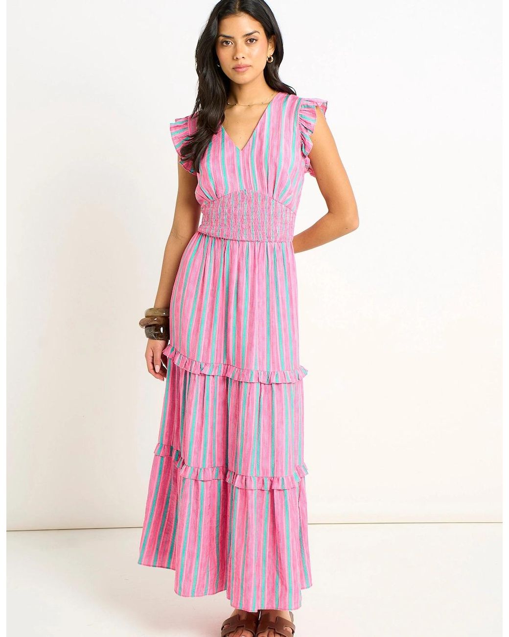 Gini London Pink Summer Stripe Shirred Waist Maxi Dress