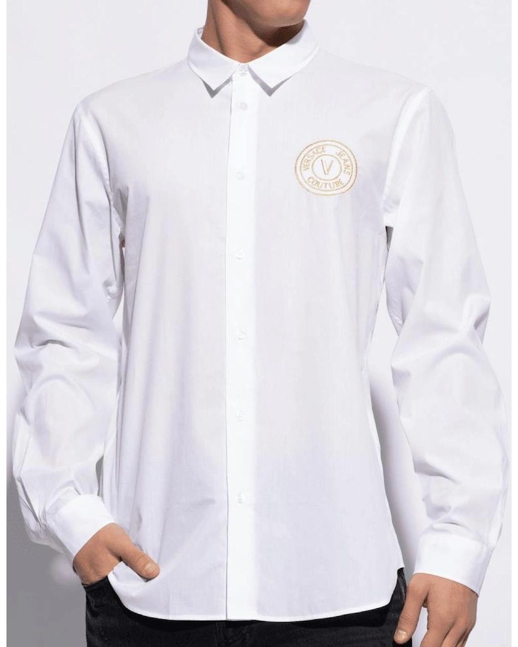 Versace White Cotton Printed V-Emblem Logo/ Shirt for men