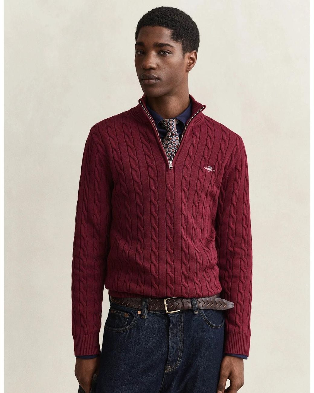 Gant Red Cotton Cable Half Zip Jumper for men