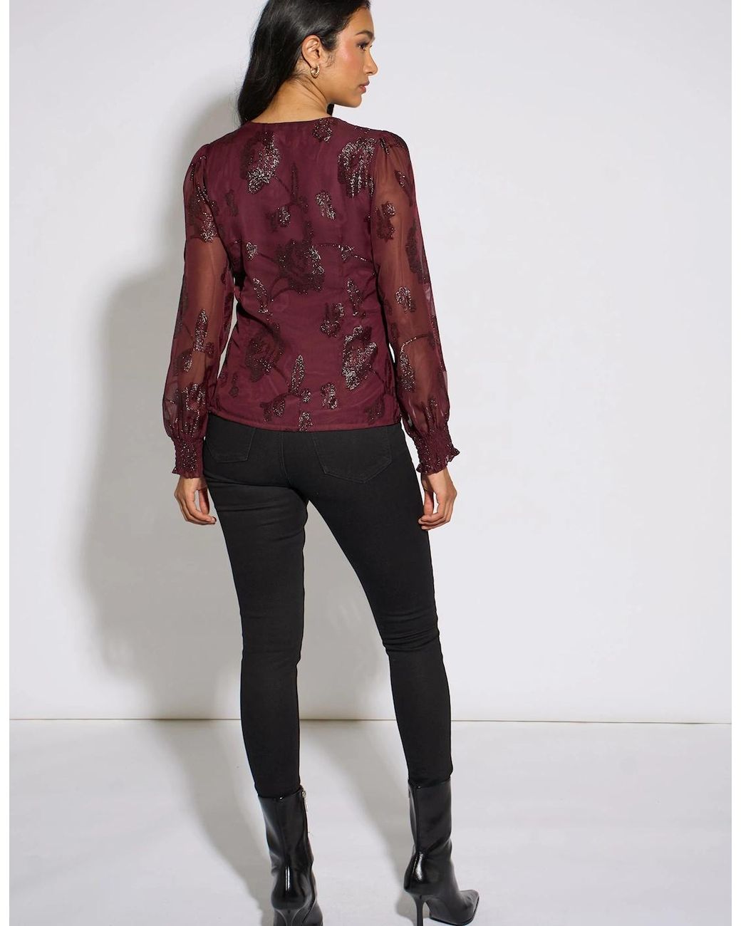 Gini London Red Plum Floral Sparkle Jacquard Blouse