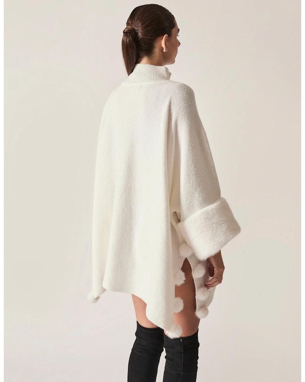 James Lakeland Natural Pom Pom Faux Fur Knit Poncho