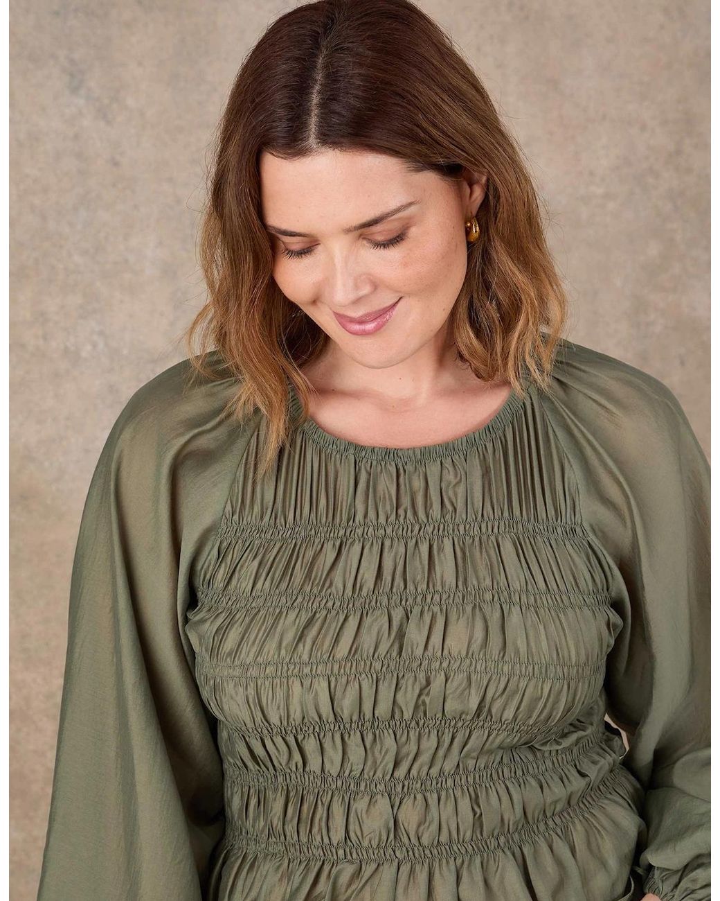 Live Unlimited London Green Khaki Shirred Long Sleeve Top