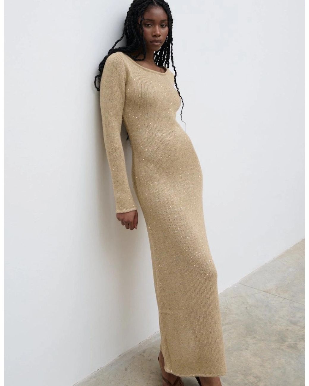Pretty Lavish Natural Anastasia Sequin Maxi Knit Dress