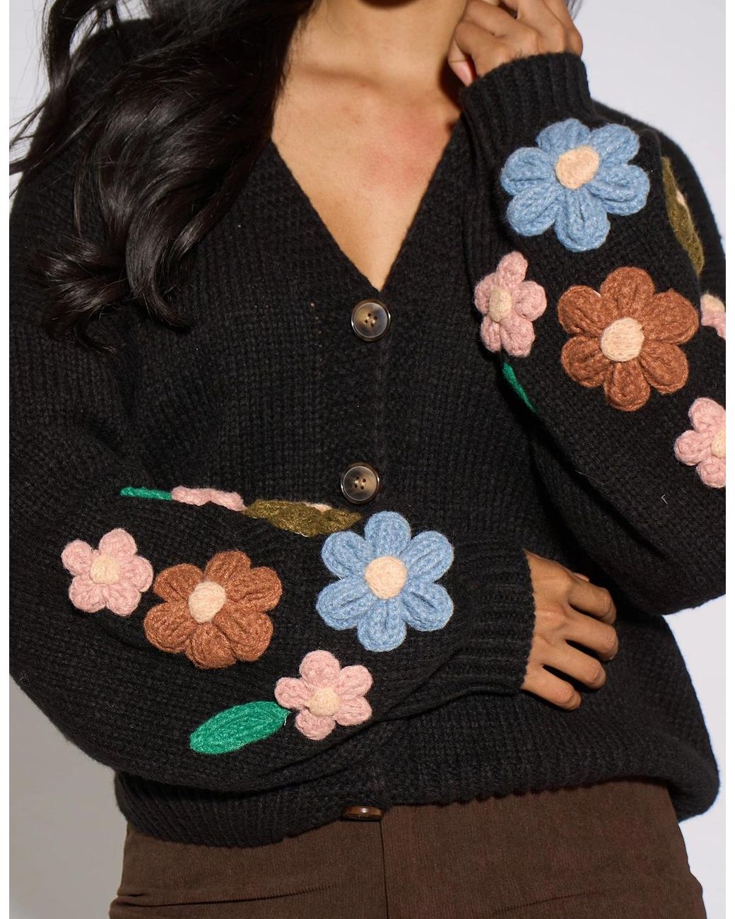 Gini London Black 3D Floral Sleeves Knit Cardigan