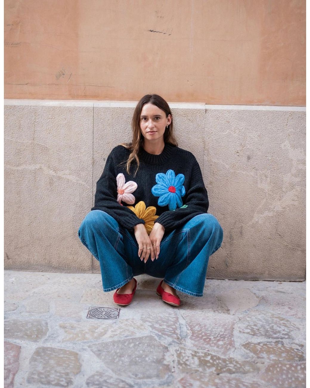 Gini London Blue Floral Crochet Chunky Knit Oversized Jumper
