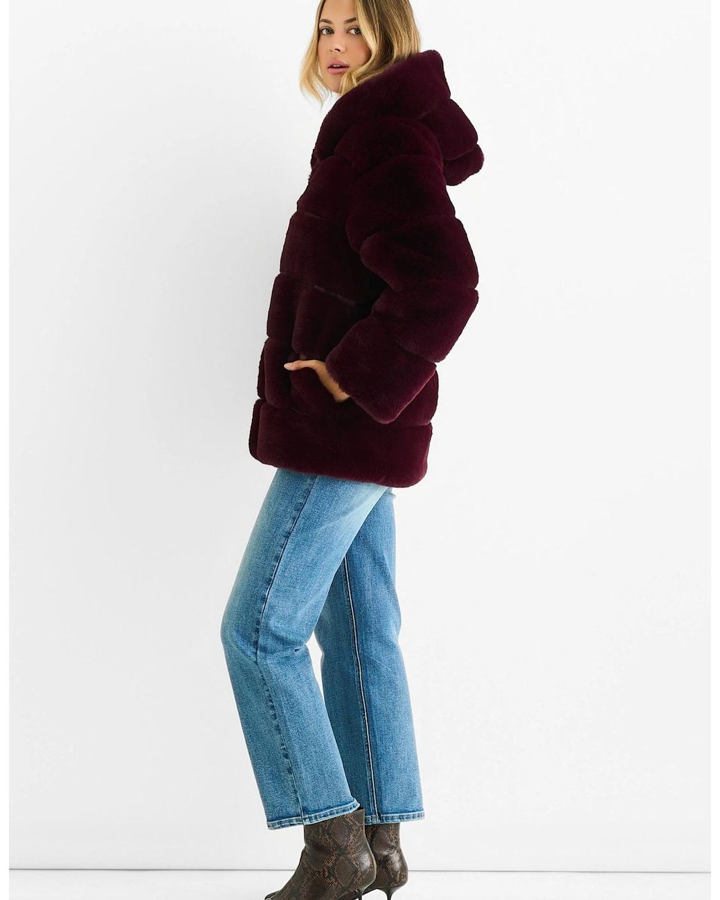 Gini London Red Dark Burgundy Horizontal Cut Fur Hooded Jacket