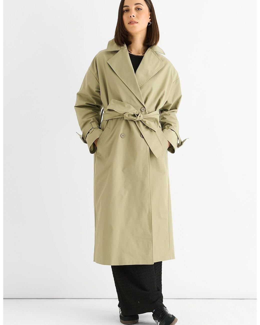 Gini London Natural Sage Double Breast Longline Belted Trench Coat