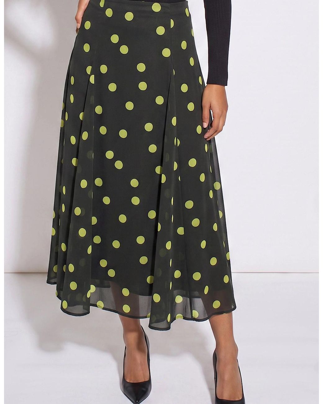 Gini London Black Lime Spot Satin Godet Midi Skirt