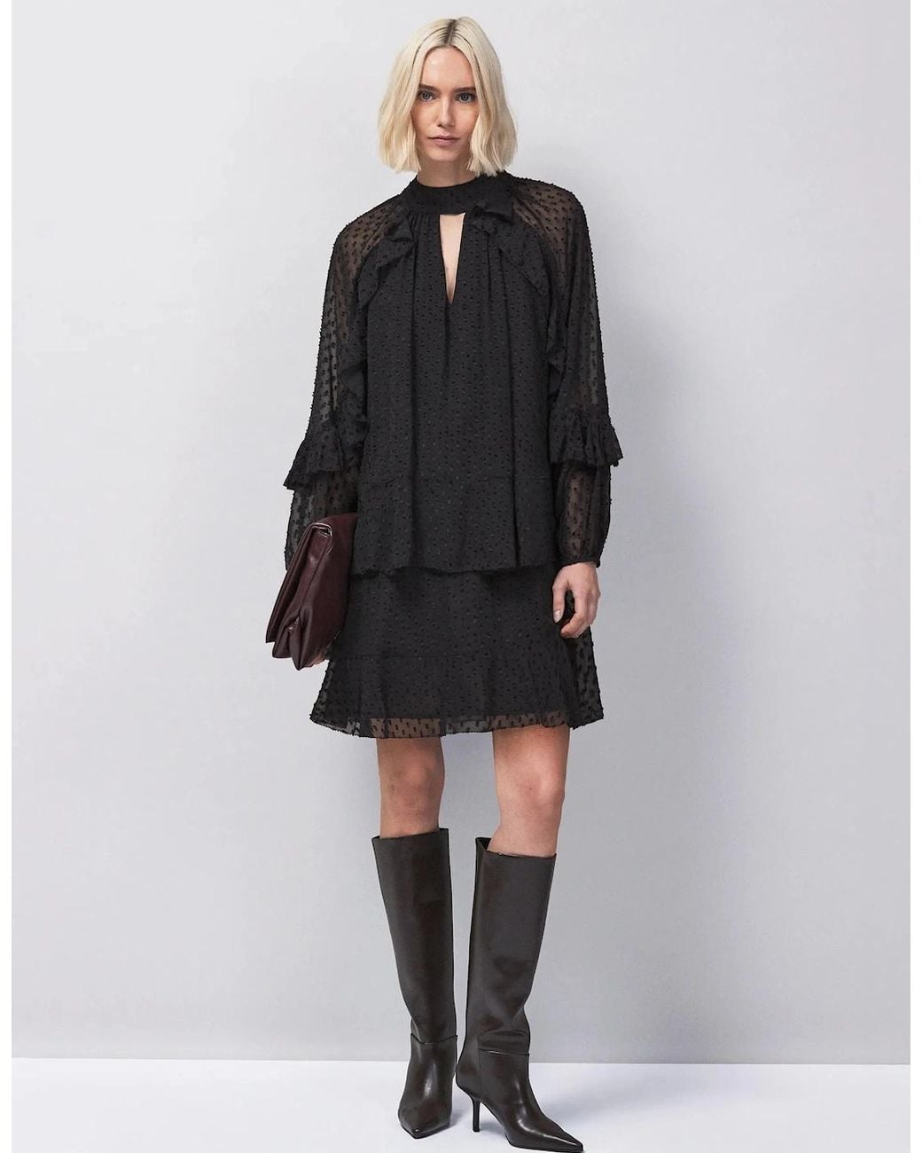 Ro&zo Black Dobby Ruffle Short Dress
