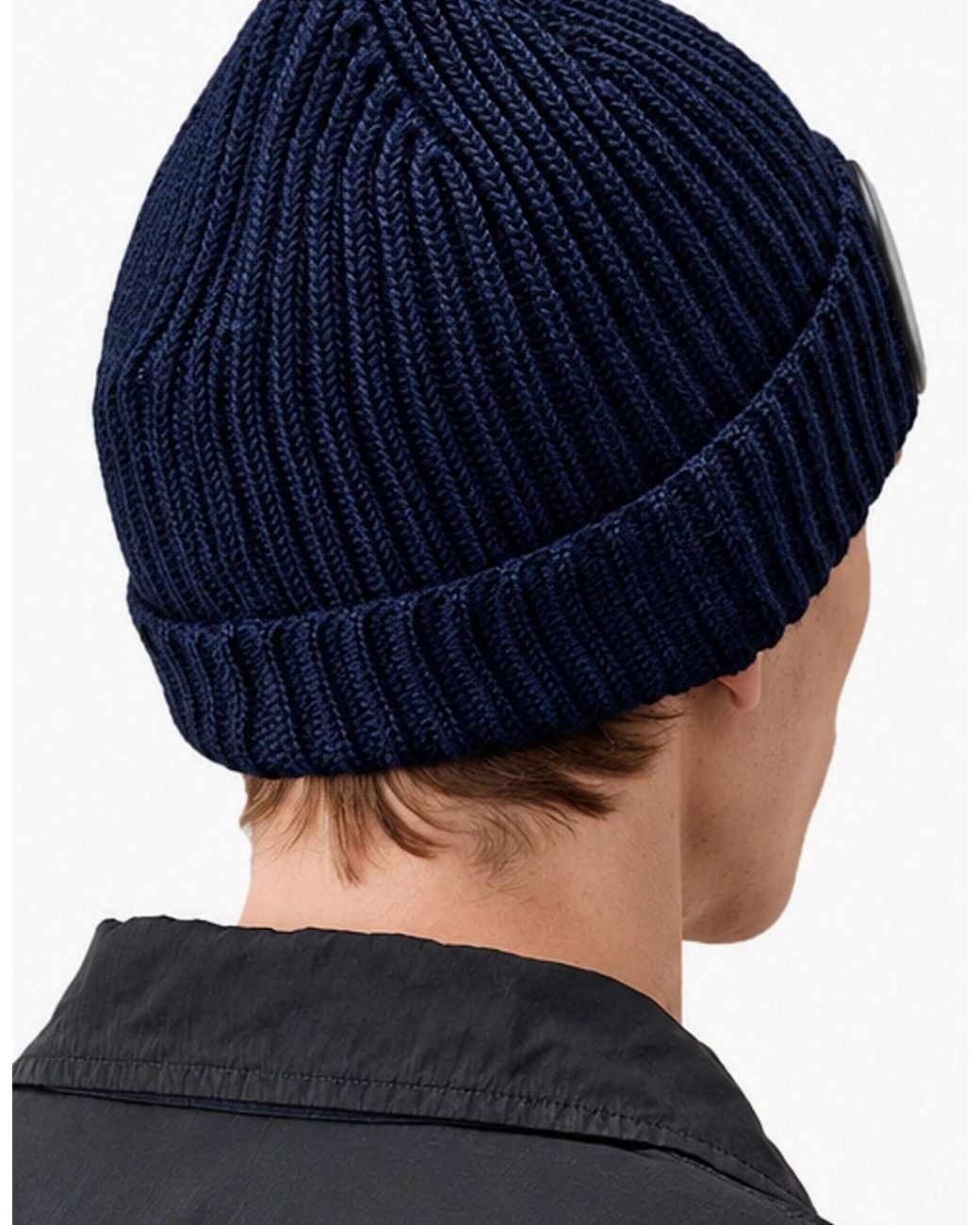 C P Company Blue Extra Fine Knitted Beanie Total Eclipse for men