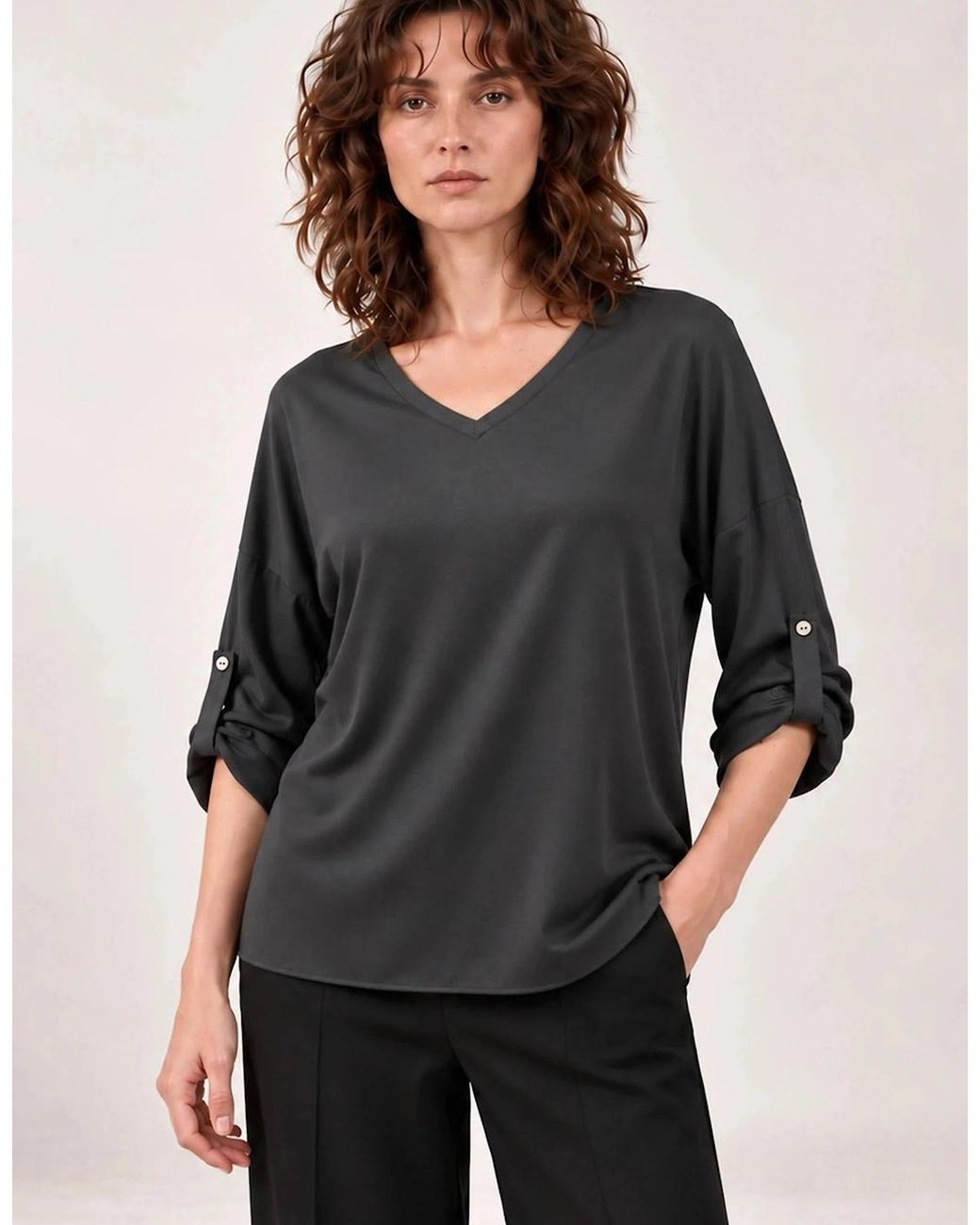 James Lakeland Black Charcoal Satin V-Neck Blouse