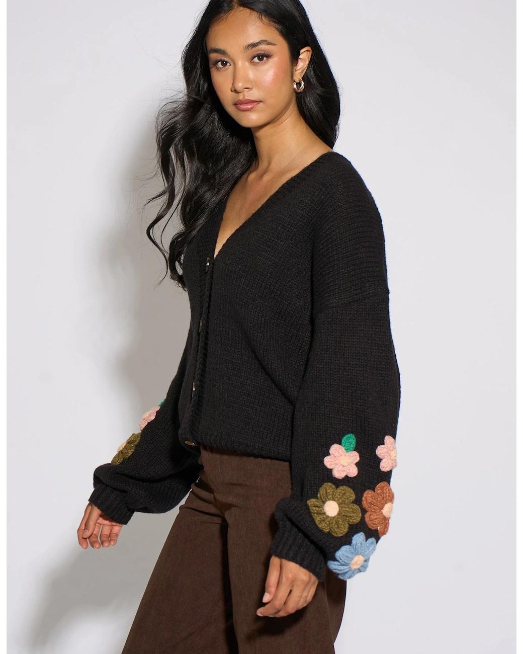 Gini London Black 3D Floral Sleeves Knit Cardigan