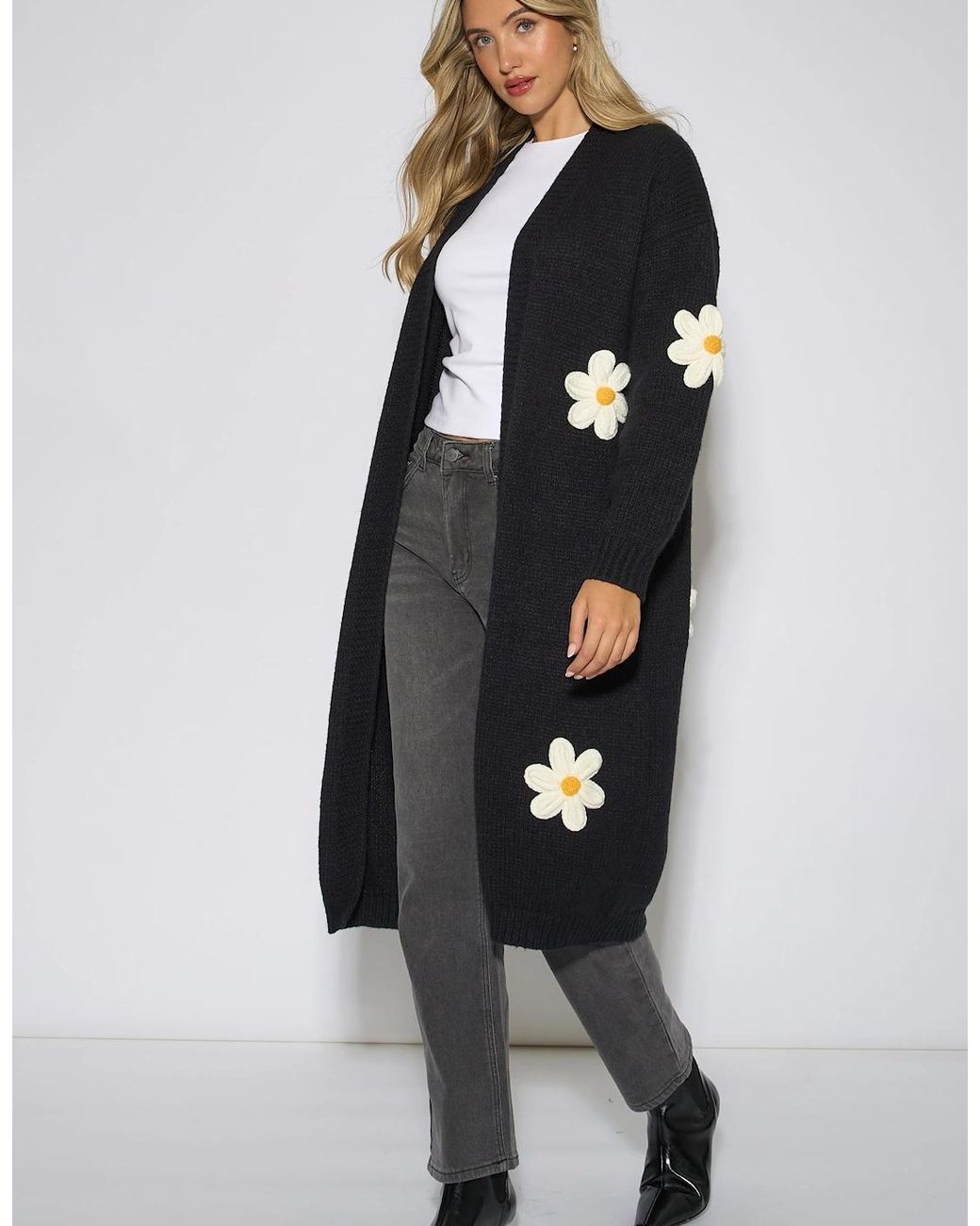 Gini London Black 3D Daisy Flower Longline Cardigan