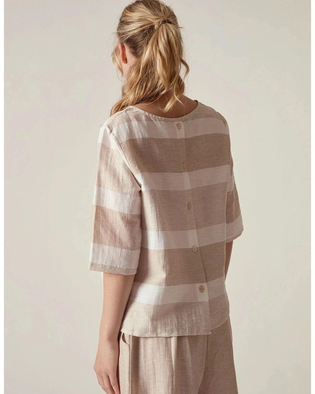 James Lakeland Natural Striped Linen Blend Button-Back Top