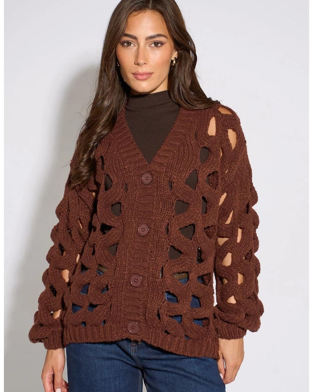 Gini London Brown Rust Hollow Chunky Knit Cardigan