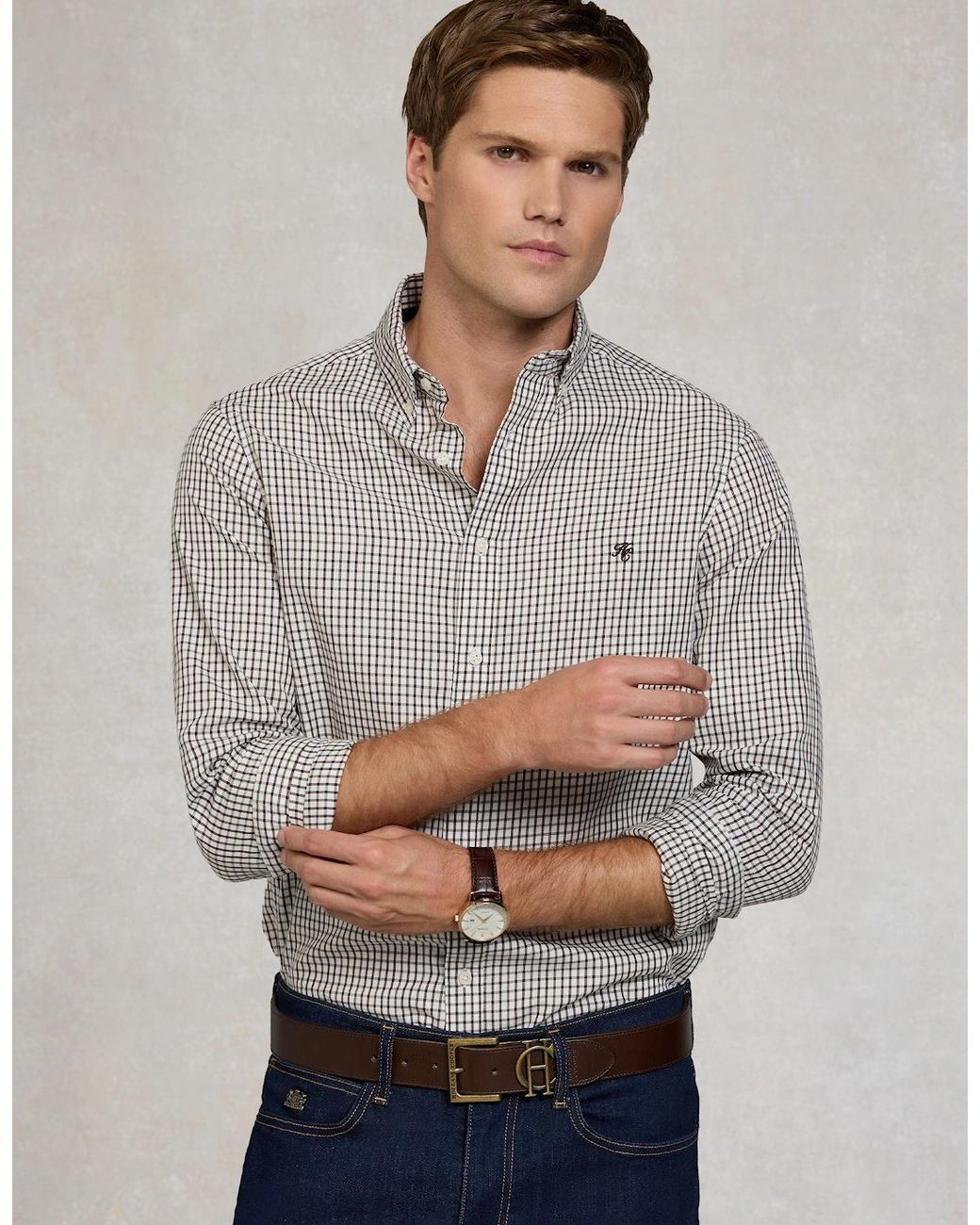 Holland Cooper Gray Classic Woven Button Down Shirt Check for men