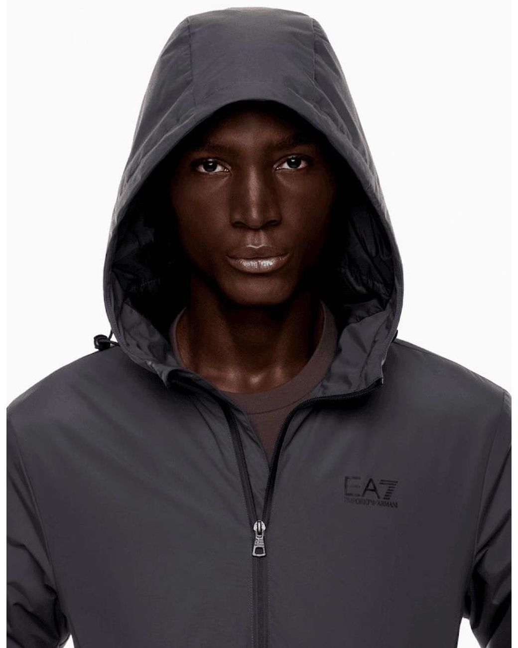 EA7 Gray Technical Fabric Hooded Bomber Jacket for men