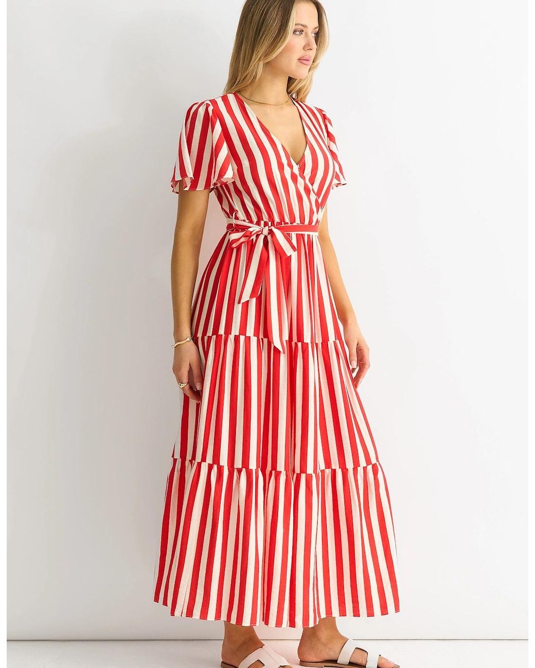 Gini London Red Stripe Wrap Belted Viscose Midi Dress