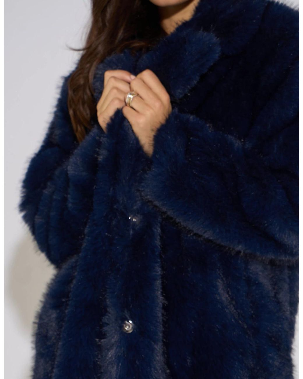 Gini London Blue Dark Panelled Faux Fur Longline Jacket