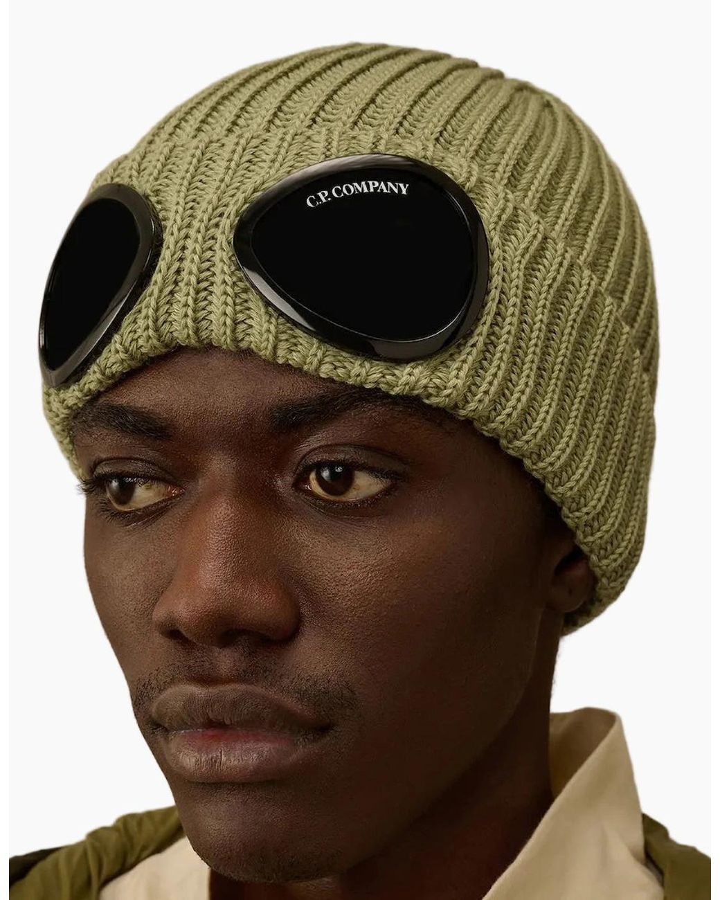 C P Company Green Extrafine Merino Wool Goggle Beanie for men