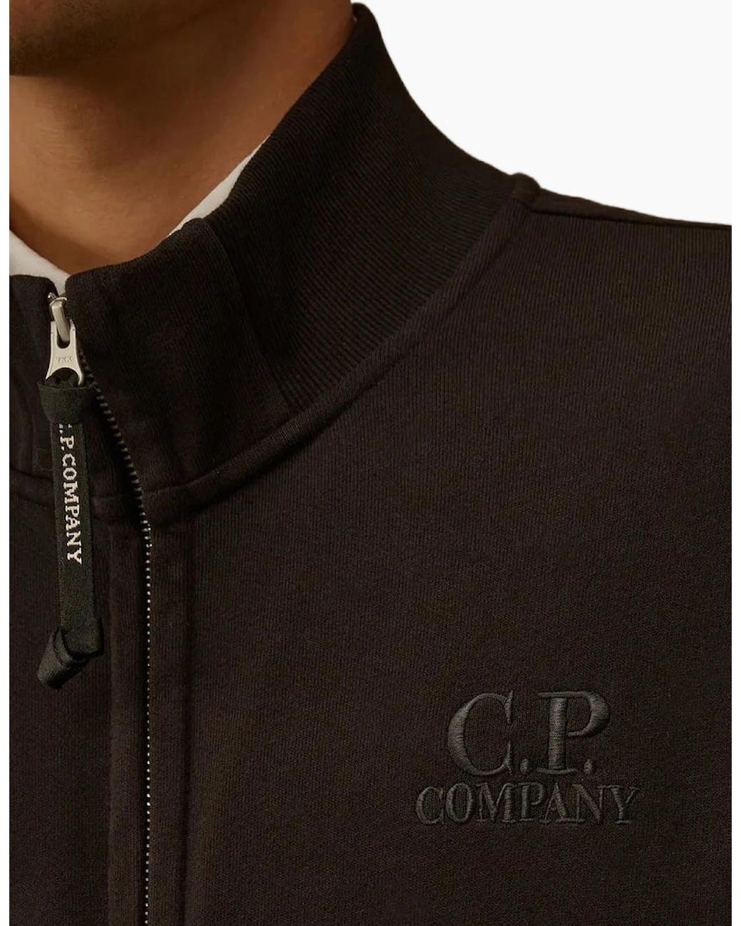 C P Company Black Diagonal Fleece Zip Logo Sweatshirt for men