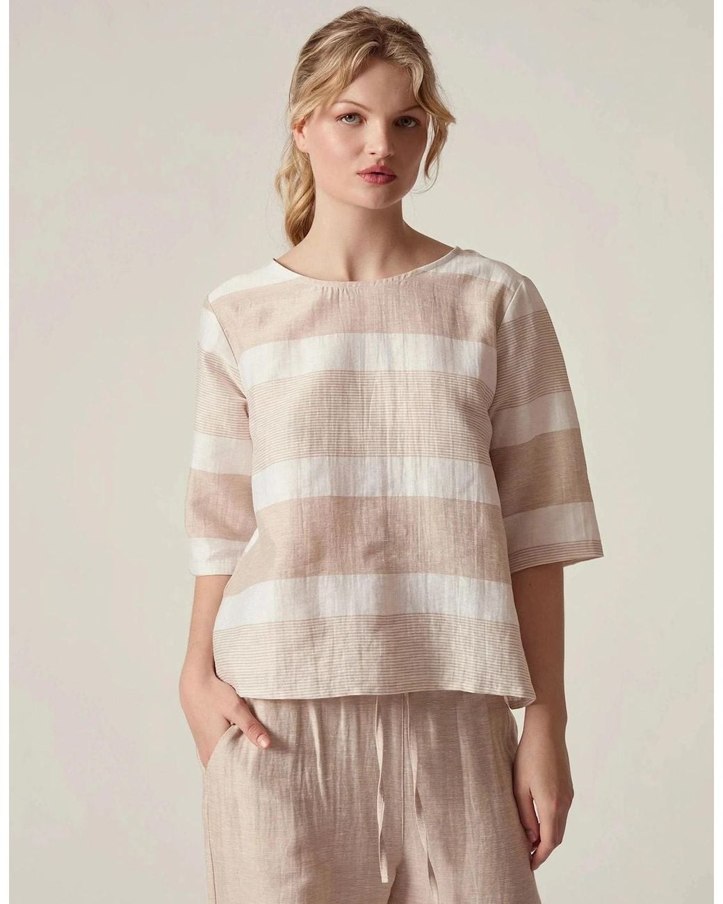 James Lakeland Natural Striped Linen Blend Button-Back Top