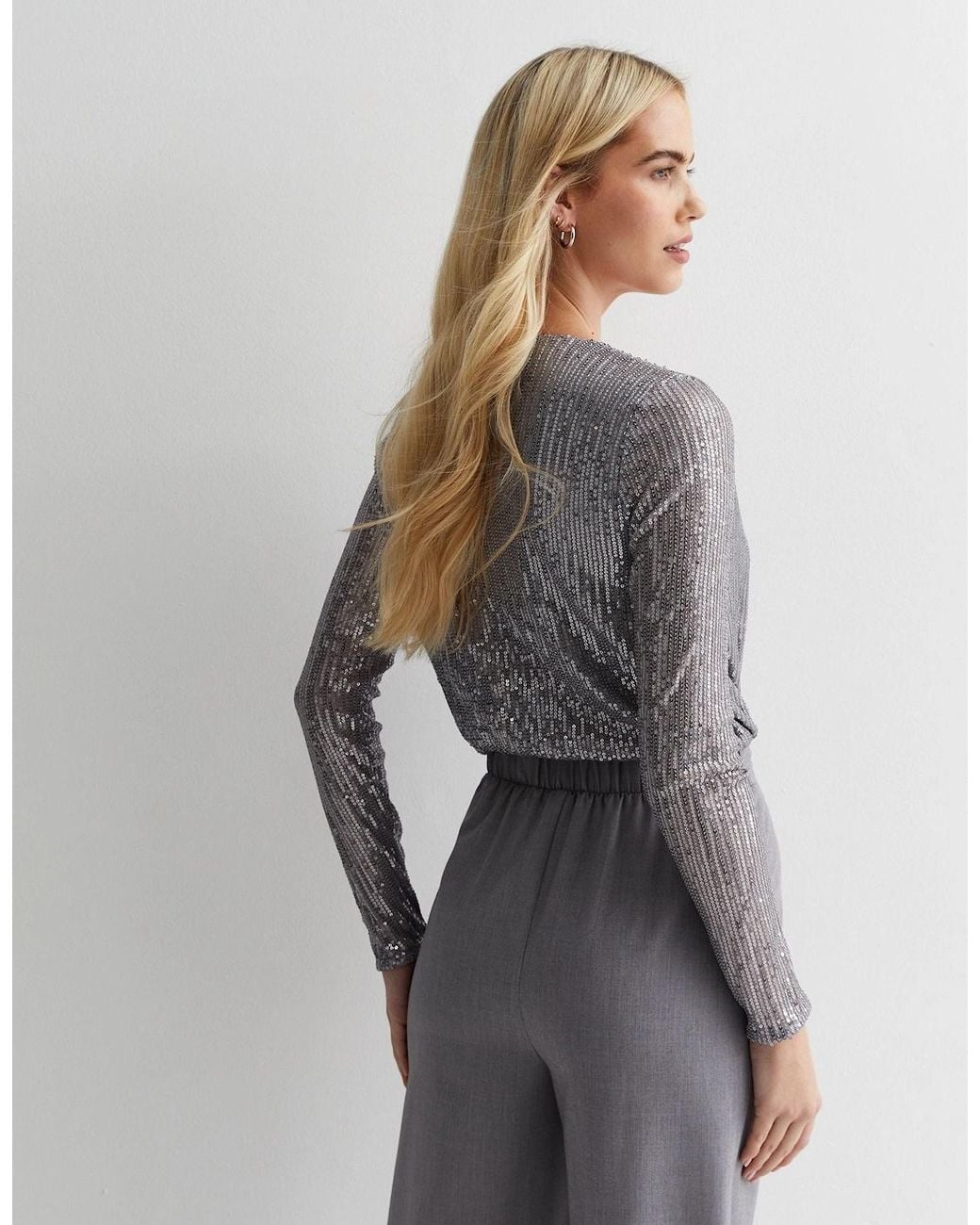 Gini London Gray Gun Metal Sequin Wrap Long Sleeves Bodysuit