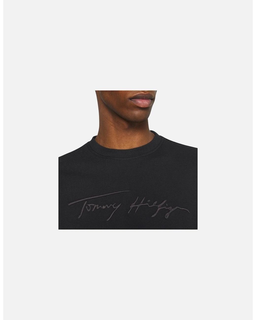 Tommy Hilfiger Black Sweatshirt Signature Embossed Logo Fleece Pullover Crew Neck for men