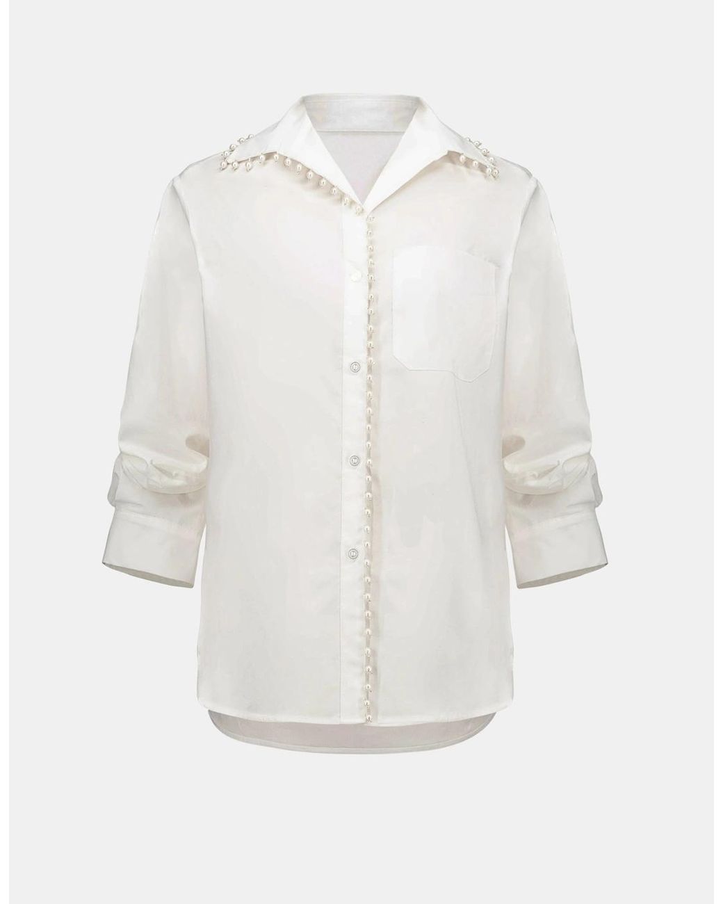 Joseph Ribkoff White Cotton Poplin Pearl Trim Boxy Blouse