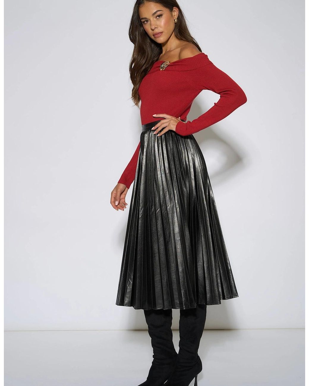 Gini London Black Pleated Faux Leather Midi Skirt