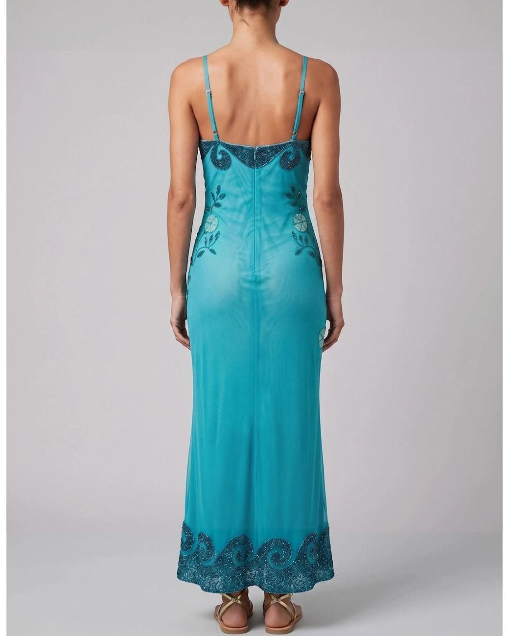 Oceanus Blue Dolphin Aqua Halterneck Hand Beaded Maxi Dress