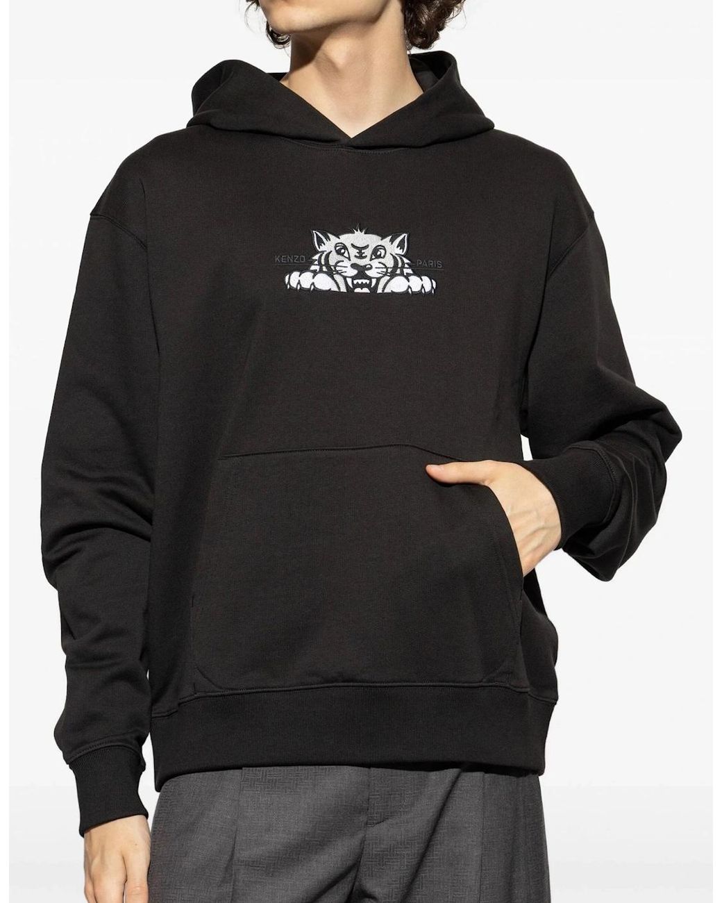 KENZO Black Happy Tiger Embroidered Classic Hoodie for men