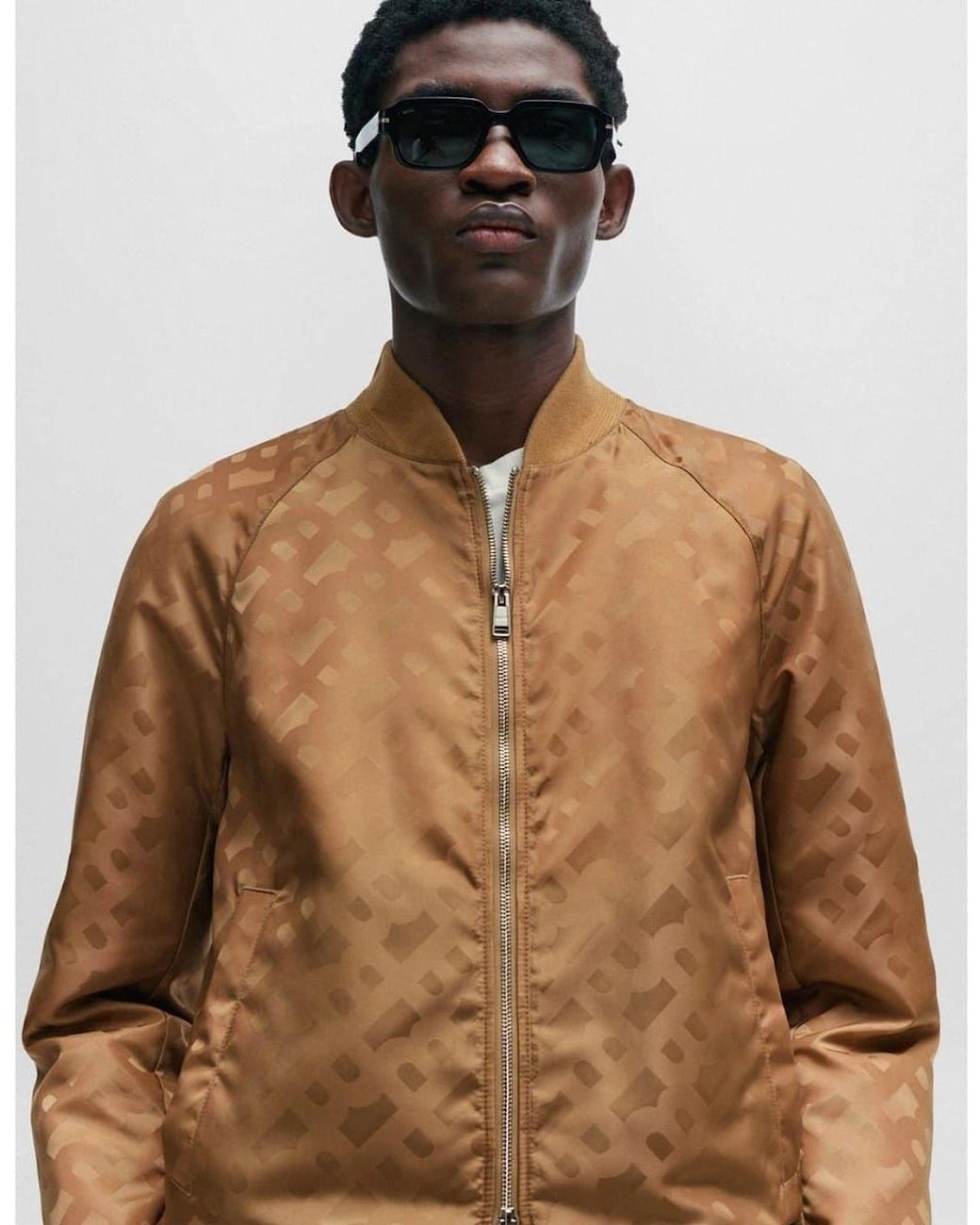 Boss Brown Geometric Patterned Ribbed Cuff Bomber Jacket for men