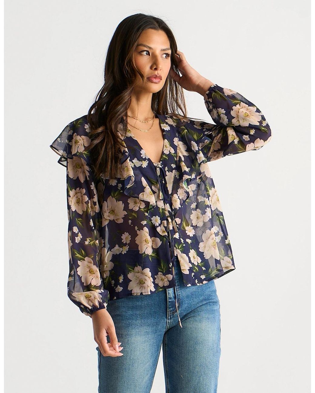 Gini London Blue Elegant Floral Ruffle Shoulder Blouse