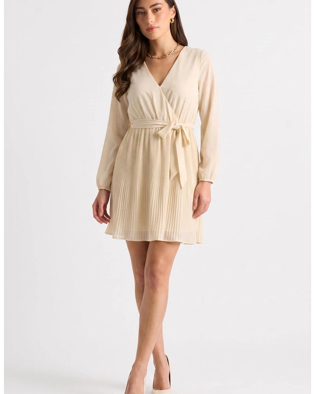Gini London Natural Cream Pleated Long Sleeve Wrap Mini Dress
